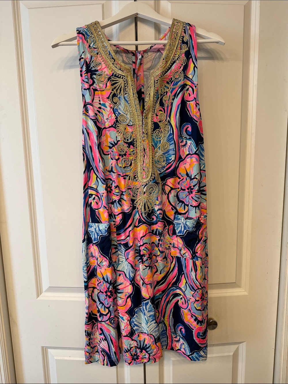Lilly Pulitzer Navy Multicolor Floral Midi Dress with Gold Embellished Neckline